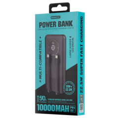 Power bank 10000mAh REMAX RPP-37 20W+22.5W avec 2 câbles de charge rapide intégrés - Noir